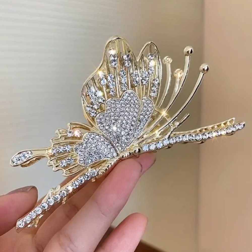 Metal Gold Butterfly Hair Claw Elegant Rhinestone Sparkly Everyday Accessory - Picture 3 of 7